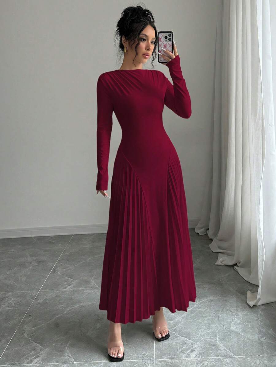 Rafferiza 1 件女士优雅长袖收腰褶皱连衣裙,秋冬酒红色长款女装 - 酒紅色 - 查看 1