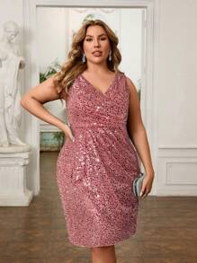 SHEIN Belle 加大码不对称裹身优雅 V 领短款亮片面料鸡尾酒会礼服，橄榄绿，舞会半正式礼服，适合生日、婚礼嘉宾、毕业典礼、晚宴、返校节