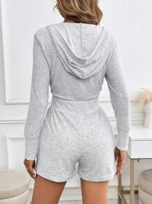 女士运动时尚休闲连体裤秋冬款，长袖修身腰身连体衣，舒适修身时尚连帽拉链连体衣，雪花灰色创新面料 - 灰色 - 查看 2