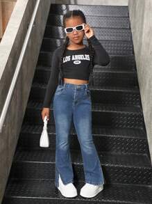 Tween Girl Casual Elastic Flare Washed Jeans, Versatile And Comfortable For Everyday Wear - Medium Wash - View 6