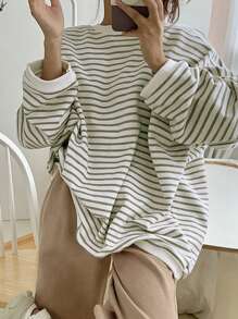 DAZY 女士秋季条纹圆领长袖宽松长款运动衫 - 綠色 - 查看 5