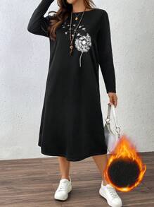 SHEIN LUNE Plus Size Women Dandelion Print Thermal Lined Crew Neck Long Casual Dress, Warm And Cozy For Outdoor & Daily Wear, Autumn/Winter