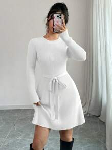 Chiquease 1pc Solid Color Fitted A-Line Midi Length Flare Sweater Dress