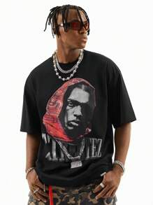 Manfinity VCAY Camiseta de manga corta de cuello redondo con gráfico de retrato, de corte holgado, apta para el verano