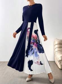 Modelyn Women's Floral Print Pleated Hem Round Neck Long Sleeve Elegant Arabian Modest Dress Long Evening Dresses - Navy Blue - View 4