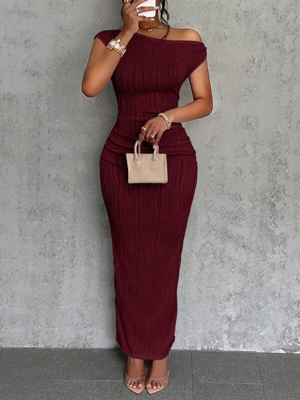 Slaydiva Summer New Elegant Party Daily Date Oblique Shoulder One-Shoulder Off-Shoulder Front Pleated Slim Long Skirt Wavy Texture Knitted Fabric White Women's Dress,Summer Dresses For Women