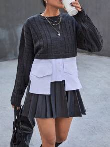 EURMUSE Casual Rib Knit Gola Redonda Manga Longa Bolso Camisa Detalhada Suéter - Cinza - Ver 6