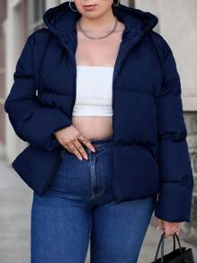 SHEIN Cottnline Plus Size Solid Zip Up Drawstring Hooded Padded Coat - Navy Blue - View 5