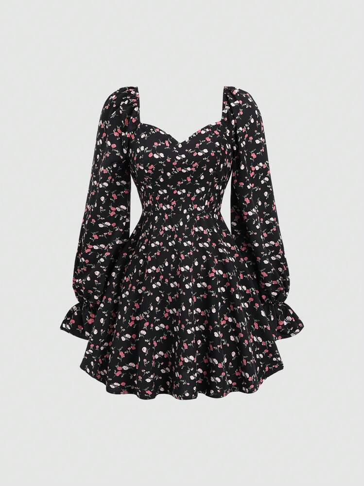 missguided milkmaid mini dress in black ditsy floral Sweetra Casual Ditsy Floral Diamond Ruffle Neck Dress, Autumn Fall Cloth  For Women
