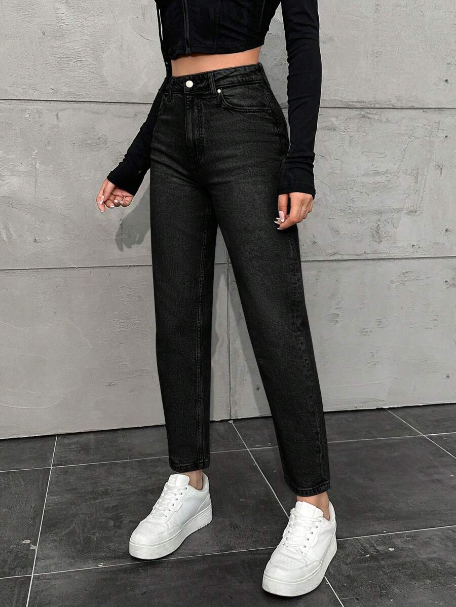 SHEIN Cottnline Vintage Washed High Waist Tapered Leg Jeans - Black - View 1