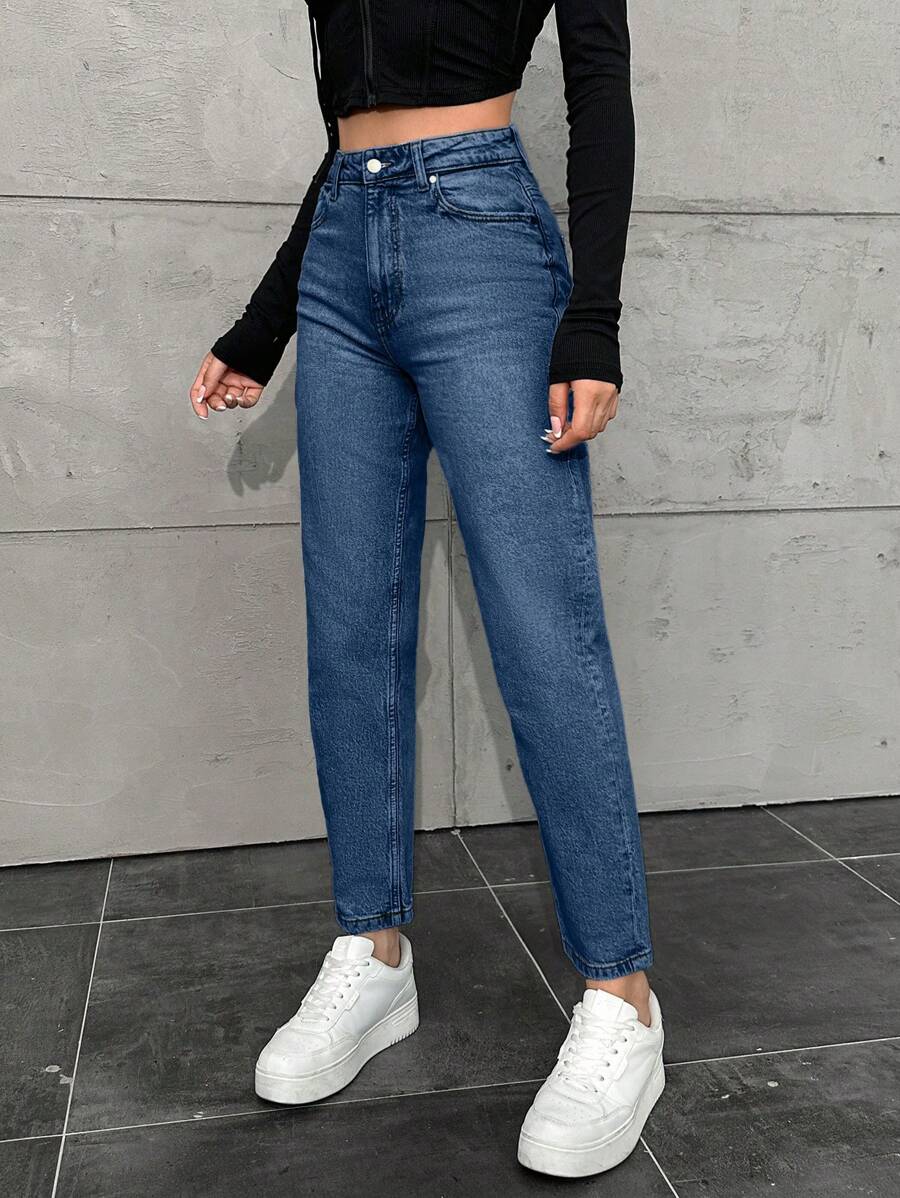 EURMUSE Vintage Washed High Waist Tapered Jeans - Medium Wash - View 1