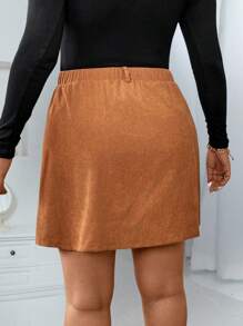 SHEIN LUNE Plus Size Solid Color Button Pocket Elegant Commuter Skirt, Autumn/Winter Fall - Brown - View 2