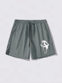 Manfinity Homme Men's Casual Minimalist Ghost Face Print Drawstring Waist Shorts