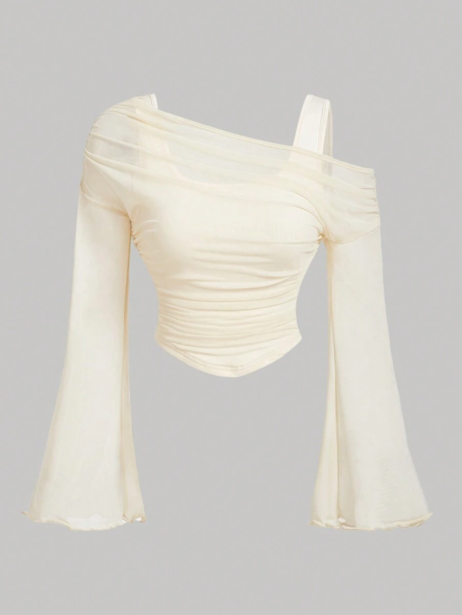 Girlism Teen Girl's Apricot/Off-The-Shoulder Mesh Two-In-One/Flared Sleeve Long-Sleeved Top Western Retro/Elegant - Apricot - View 1