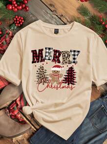 SHEIN EZwear Plus Size Women Christmas Casual Minimalist "MERRY" Graphic Fitted Crew Neck Short Sleeve T-Shirt, Suitable For Summer - Khaki - View 1