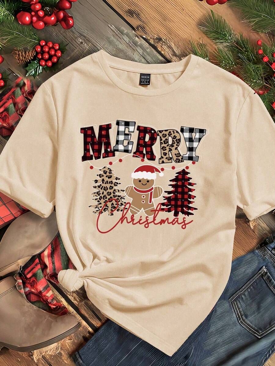 SHEIN EZwear Plus Size Women Christmas Casual Minimalist "MERRY" Graphic Fitted Crew Neck Short Sleeve T-Shirt, Suitable For Summer - Khaki - View 1