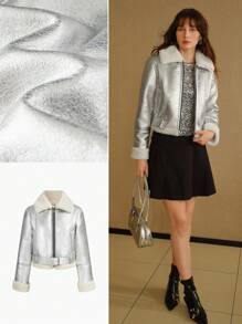 MOTF STUDIO SHEEPSKIN & FUR HYBRID BUCKLE BELTED JACKET - Silver - View 2