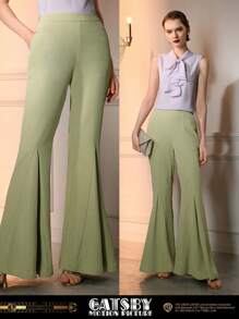 The Great Gatsby x MOTF 纯色弹力腰喇叭裤 - 綠色 - 查看 9