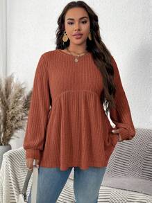 SHEIN LUNE 秋季大码女式纯色圆领长袖针织罗纹毛衣 T 恤