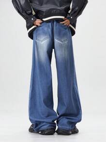 ROMWE MEN Street Life Men's Graphic Print Pocket Casual Baggy Jeans