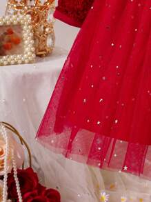 SHEIN Glamorique Kids Young Girl's Fashion Sequin Contrast Mesh Dress - Red - View 3