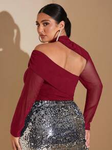 SHEIN BAE 大码女式秋冬长袖弹力网眼纯色百搭性感优雅约会不对称领褶皱修身紧身衣 - 酒紅色 - 查看 4