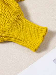 Girls Casual Loose Gray Knit Sweater With Collar, Cropped - Mustard Yellow - View 6