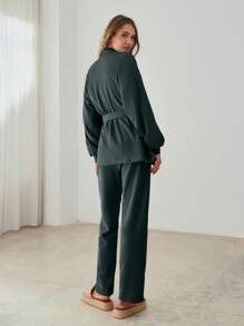 SHEIN Cottnline Cotton Drop Shoulder Belted Coat & Pants - Green - View 2