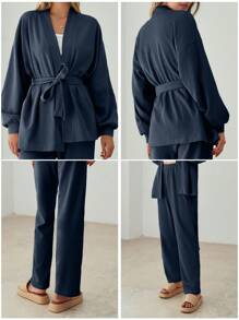 SHEIN Cottnline Cotton Drop Shoulder Belted Coat & Pants - Navy Blue - View 8