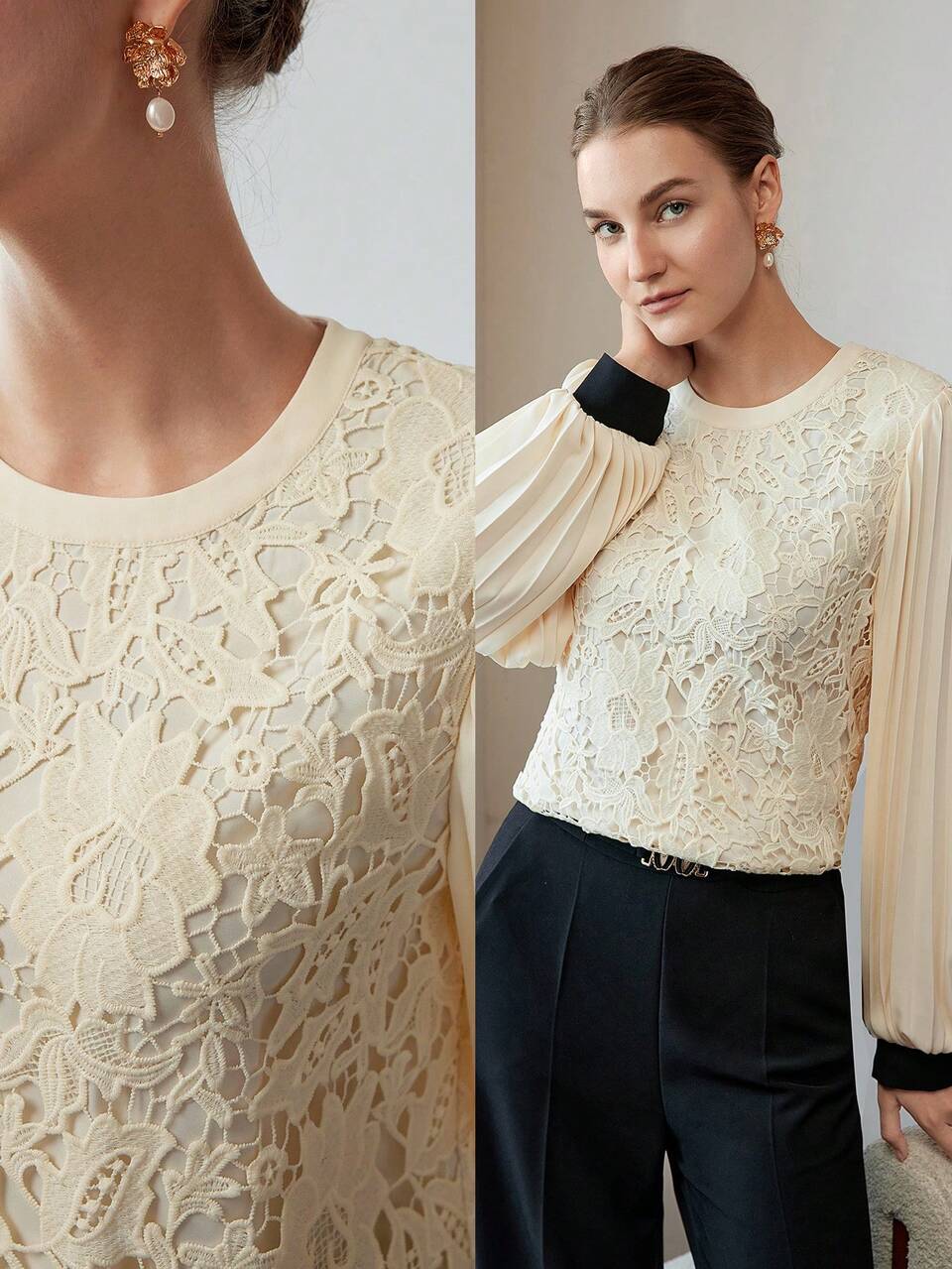 GUIPURE LACE PLEATED LANTERN SLEEVE BLOUSE