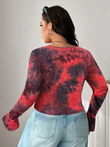 SHEIN EZwear 大码女式皱褶扎染褶皱喇叭袖针织 T 恤，初秋田园风格 - 紅色 - 查看 2
