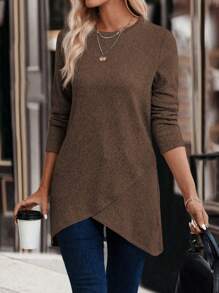 SHEIN LUNE 女士休闲圆领长袖不对称下摆 T 恤，秋季 - 咖啡棕 - 查看 1