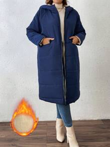 SHEIN LUNE Vêtements d'hiver pour femmes grande taille, couleur unie, manteau rembourré à capuche longue, col montant, fermeture éclair intégrale, doublure thermique, style casual