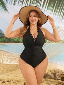 Swim Lushoire Plus Size Summer Beach Solid Color Halter Shell Trim Open Back Tie Crop Top And Triangle Tankini Swimwear Set - Black - View 4