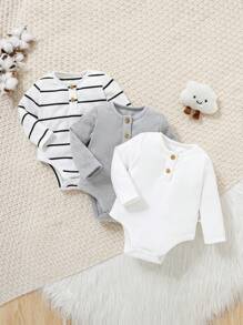 SHEIN 3pcs/Set Newborn Baby Girl Cute Knit Elastic Striped Long Sleeve Romper, Autumn/Winter