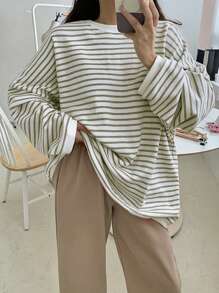 DAZY 女士秋季条纹圆领长袖宽松长款运动衫 - 綠色 - 查看 3