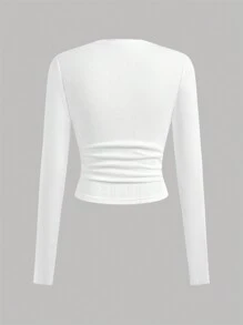 SHEIN Girlism Áo thun dài tay co giãn bó sát, cạp chun cho bé gái tuổi teen - trắng - Xem 2