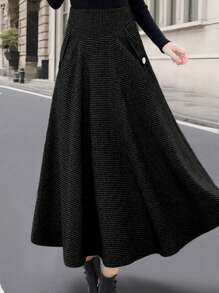 Rok Maxi A-Line Rajut Bertekstur Kasual dengan Saku Kiri & Kanan - Hitam - View 3