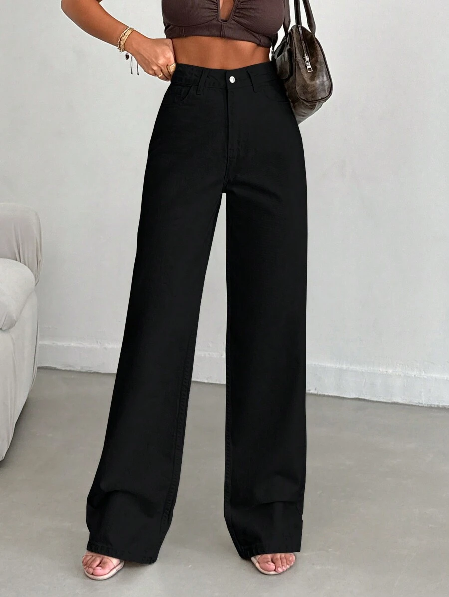 EURMUSE 100%Cotton Women's Pocket Straight Loose Casual Versatile Jeans - Black - View 1