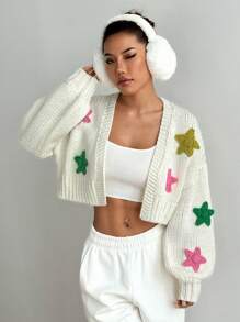 Flirla Cardigan court casual minimaliste à manches longues avec détail d'impression d'étoiles amusant - Multicolore - Voir 5