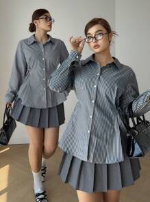 POPSWAY 1 件女式加大码基本款条纹图案腰带领长袖休闲衬衫，适合工作和学校穿着，春秋季 - 彩色 - 查看 1