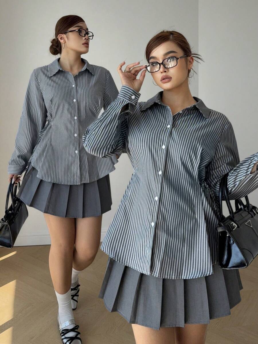 POPSWAY 1 件女式加大码基本款条纹图案腰带领长袖休闲衬衫，适合工作和学校穿着，春秋季 - 彩色 - 查看 1