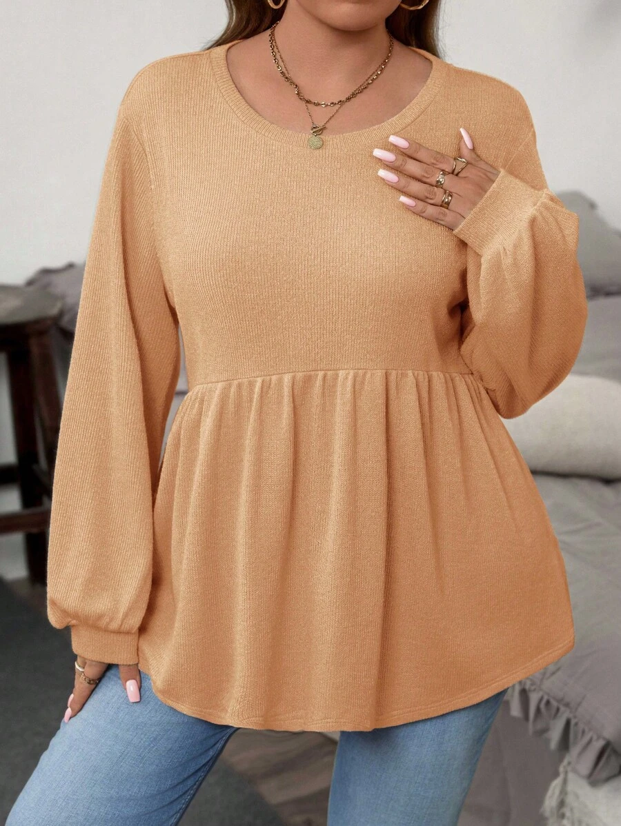 SHEIN LUNE Áo thun tay dài cổ tròn màu trơn cỡ lớn, phong cách tối giản giản dị, mùa thu - Màu Khaki - Xem 1