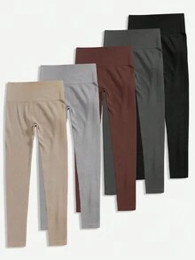 SHEIN 纯色高腰紧身休闲运动紧身裤，适合瑜伽 - 彩色 - 查看 5