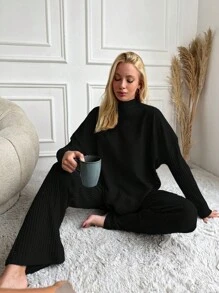 CasuGlow Women's Drop Shoulder Ribbed Long Sleeve T-Shirt And Pants Set - Black - View 6