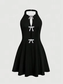 Elegant Hollow Bowknot Design Waist-Slim Sleeveless Halter Collar Dress