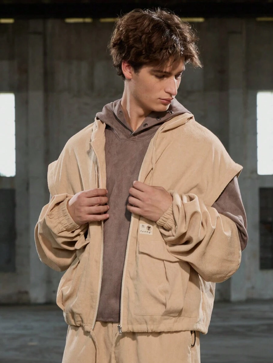 Manfinity VCAY 2pcs Men Casual Woven Jacket And Elastic Waist Shorts Set, Loose Fit, Long Sleeve, Young Adult, Daily Wear