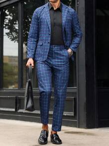 Manfinity Mode Men's Casual Checkered Suit Set - Navy Blue - View 5