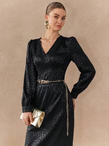 Chiquease Vestido casual y elegante de manga larga con estampado de leopardo jacquard - Negro - Ver 1