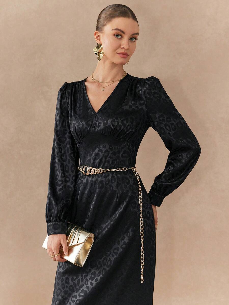 Chiquease Vestido casual y elegante de manga larga con estampado de leopardo jacquard - Negro - Ver 1